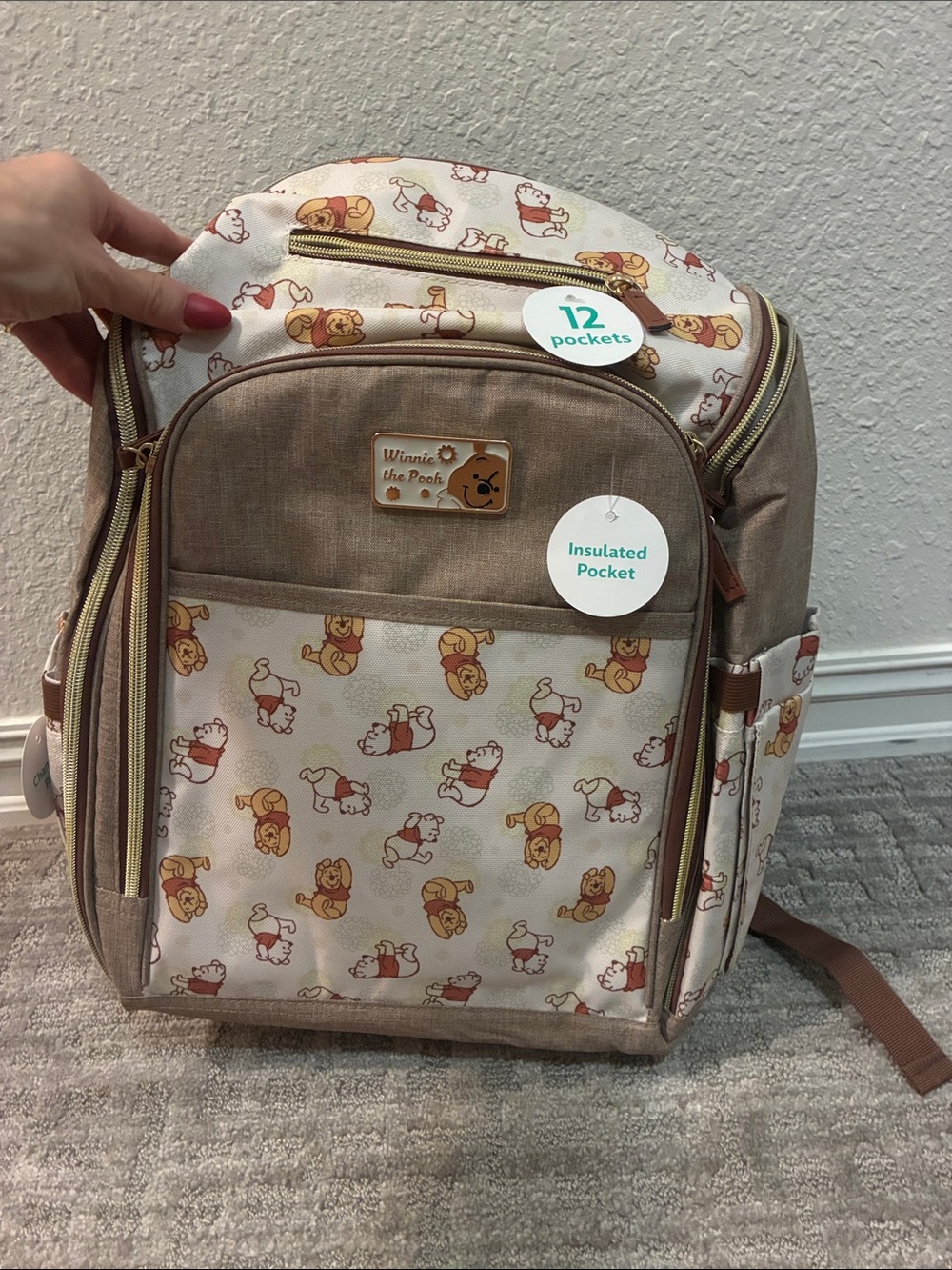 Winnie the Pooh Multi Piece Diaper Bag Set Beige & Cream Backpack